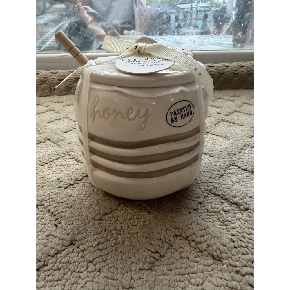 Honey Jar RAE DUNN FarmhouseCountry Collection Ceramic w/Wooden Dipper Artisan